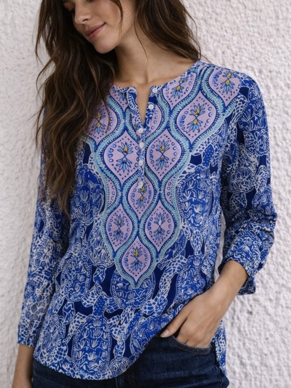 Lilly Pulitzer Renato Silk Tunic Deep Indigo Turtle Print‎ Snap to It XS Boho